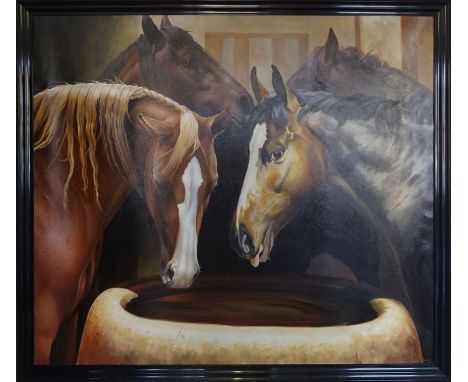 •PETER BAILEY; large Oil on Canvas of horses drinking from a trough, signed, 38" (97cms) x 46" (117cms).