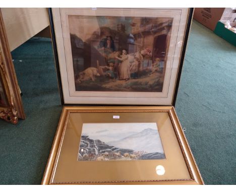 W HOYER; Moorland Landscape with sheep, Watercolour, signed, 9" (23cms) x 17" (43cms) and a large Morland Print.