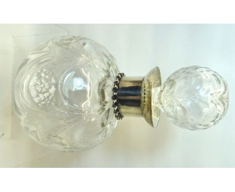 A late Victorian engraved glass globe Scent Flask with silver collar, Birmingham, 1900.  7" (18cms) high.