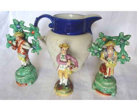 A pair of 19th century Staffordshire Pottery Figures of gardeners in bocage, 6" (15cms) high (a/f); a Staffordshire Figure of