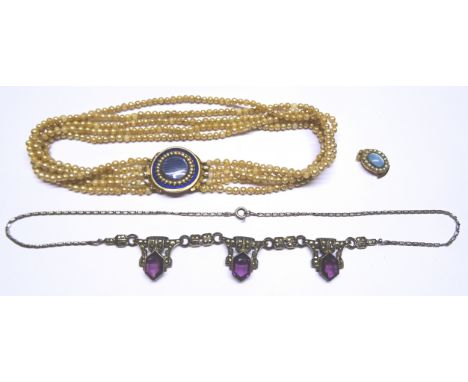 A five strand seed pearl Choker with enamel and seed pearl clasp (incomplete), a marcasite and amethyst Necklace and a seed p