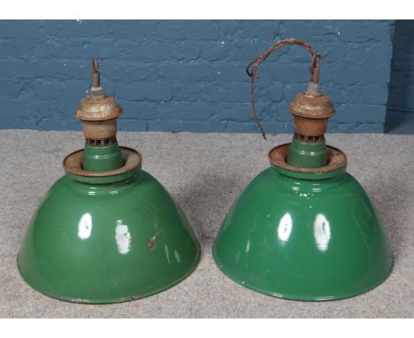 Two industrial green enamel light shades.  