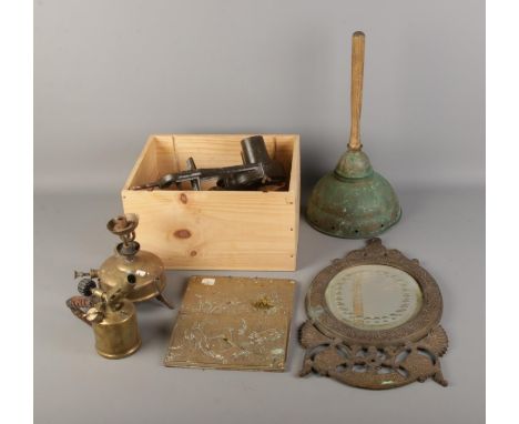 A quantity of assorted metal wares including selection of vintage tools, framed mirror and letter rail depicting fox hunting 