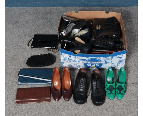 A box of vintage shoes and handbags including men's and women's examples.  