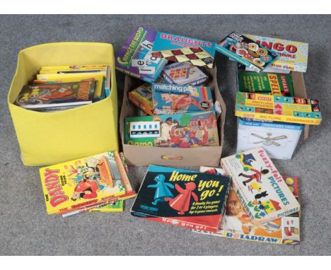 Three boxes of miscellaneous. Includes Dandy annuals, vintage games etc.  