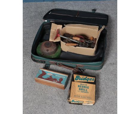 A box of assorted vintage tools including boxed Bridges Neonic drill and Paramo Plane Master.  