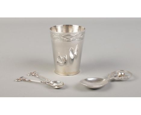 A collection of Scottish silver, to include Edinburgh toddy cup, caddy spoon topped with thistle and purple stone and two sma