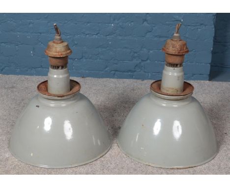 Two industrial grey enamel light shades.  