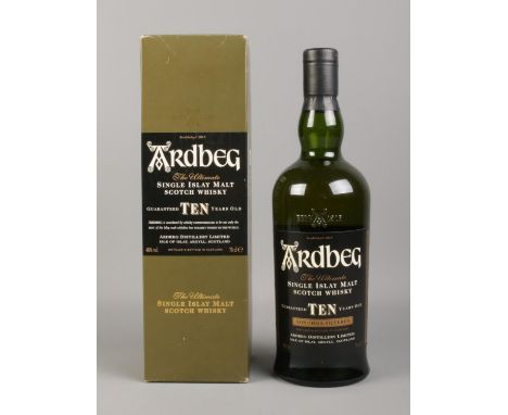 A boxed and sealed bottle of Ardbeg ten years old Single Islay Malt Scotch Whisky (70cl).  