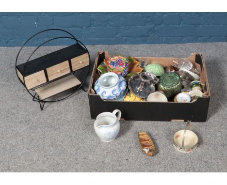 A box of miscellaneous to include assorted ceramics, silver plate candlestick holder and circular decorative desk tidy.  