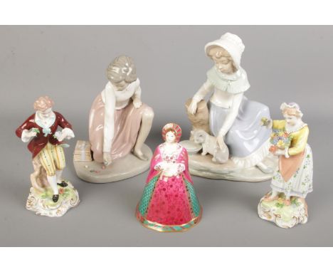 Five ceramic figures. Including two Nao by Lladro, pair of Dresden figures and a Royal Worcester Catherine of Aragon example.