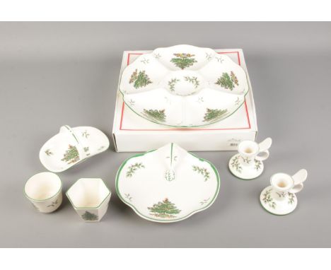 A quantity of Spode ceramics in the Christmas Tree pattern, most boxed. Includes, pair of candle holders, sharing platter, pa