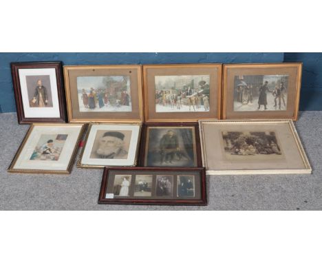 A quantity of framed prints and photographs including several antique family portraits. Also framed portrait sketch by Barry 