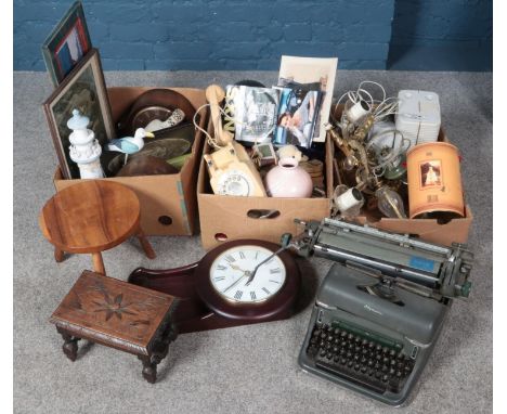 Three boxes of miscellaneous. Includes Olympia typewriter, mantel clocks, carved wooden stool, rotary telephone etc.  