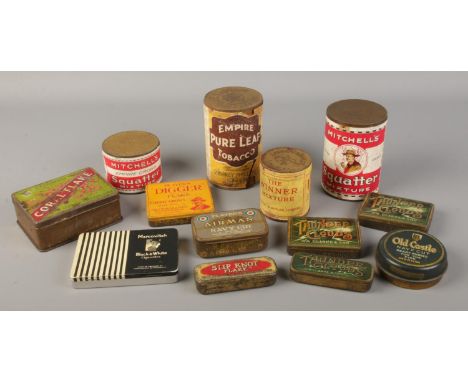 A collection of vintage dummy tobacco and cigarette tins. Includes Mitchell's, Thunder Clouds, Marcovitch, Coral Flake, Playe