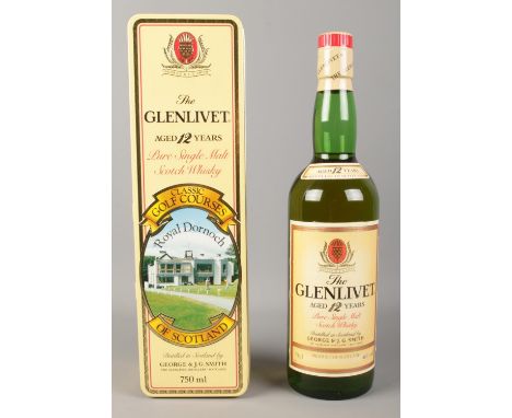 A boxed bottle of The Glenlivet 12 Years Pure Single Malt Scotch Whisky, in display tin for 'Classic Golf Courses of Scotland