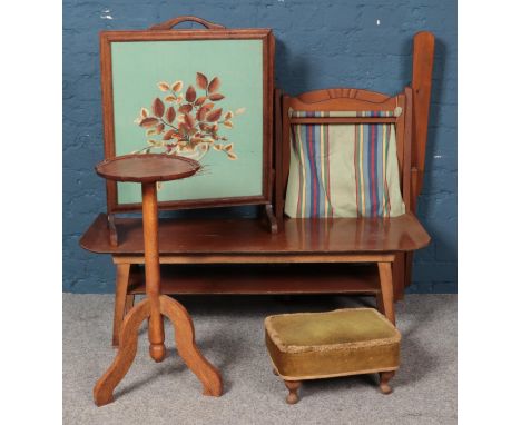 A collection of assorted furniture. To include plant stand, tapestry screen, small footstool and vintage deckchair.  
