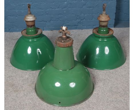 Three industrial green enamel light shades.  