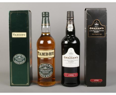 Two boxed and sealed bottles of alcohol. To include Tamdhu Fine Single Malt Whisky (70cl) and Graham's Late Bottle Vintage Po