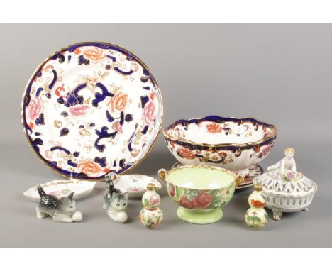 A good collection of ceramics, to include examples from Masons, Dresden pin dish, Plaue Schierholz lidded dish and Goebel cat