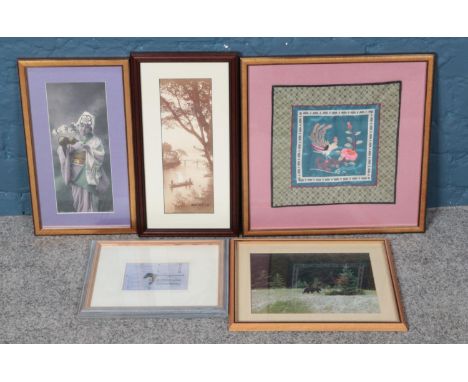 A quantity of framed pictures and prints, to include silk work and vintage Chinese photographs.  