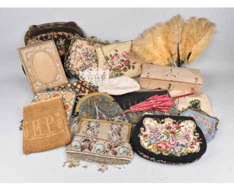 A Collection of Various Vintage Textiles to Comprise Ladies Bags, Embroidered Box, Fan etc