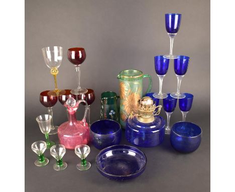 A Collection of Various Coloured Glass to Comprise Blue 19th Century Glass Bowls, Blue Glass Reservoir, Ruby Wine Glasses, Cr