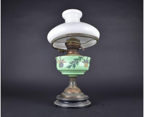 A Late Victorian Oil Lamp with Opaque Glass Reservoir on Copper Support and Ebonised Base, Complete with Shade (Shade Fitting
