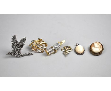 A Collection of Various Brooches to include Cameo Example, Bird, Golfing Clubs in Caddy 
