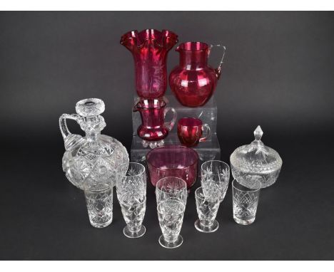 A Collection of Various Late 19th Century Cranberry Glass to Comprise Vase, Jugs and a Bowl Together with a Nice Quality Cut 