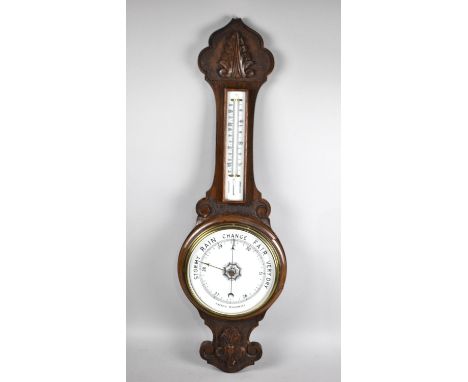 A Late Victorian/Edwardian Onion Topped Oak Wheel Barometer with Thermometer 