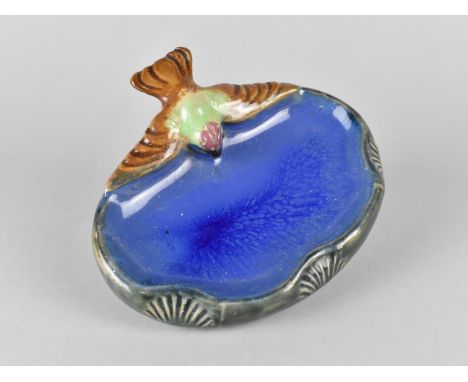 A Doulton Lambeth Soap/Bibelot Dish of Shell Form with Sparrow Finial, No 12156, 15cm wide 