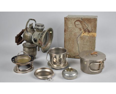 A Vintage Carbide Bicycle Lamp, The Revenge by Powell and Hanmer together with a Metal Tin Containing Picnic Stove 