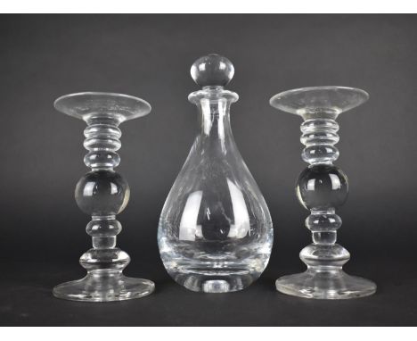 A Pair of Plain Glass Stands with Knopped Supports together with a Nice Quality Decanter 