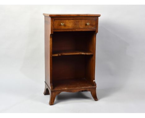 A Walnut Crossbanded Open Bookcase with Shaped Centre Shelf and Single Top Drawer, Bracket Feet, 45cms Wide and 78cms High 