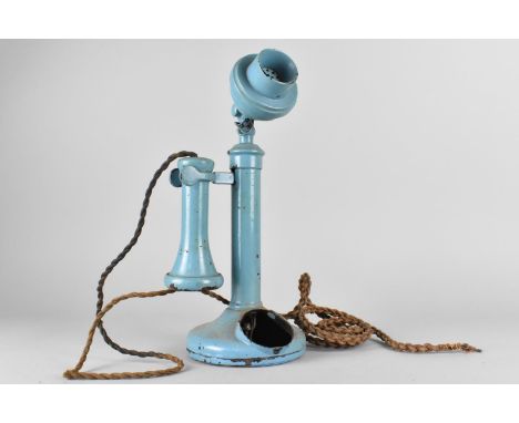 A Vintage Blue Painted Metal Candlestick Telephone, Missing Dial, 32cms High 