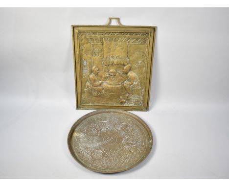 A Vintage Brass Benaries Tray Top, 58cms Diameter together with a Pressed Brass Fire Screen Panel depicting Interior Scene 