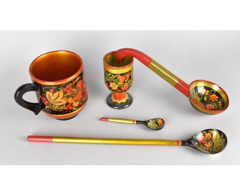 A Collection of Painted Russian Items to include Ladle, Spoons, Tankard Etc 