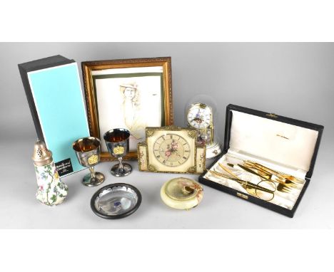 A Collection of Various Items to comprise Pedestal Clock, Silver Plated Commemorative Goblets, 1953 Commemorative Dish, Dress