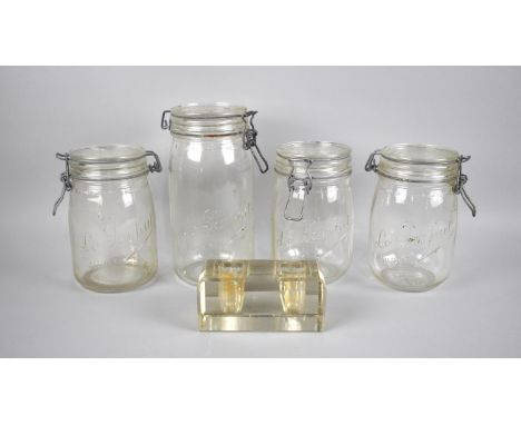 A Vintage Two Division Glass Inkwell and Four French Preserve Jars 