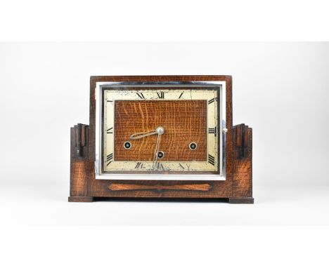 An Art Deco Oak Westminster Chime Mantel Clock, 30cms Wide 