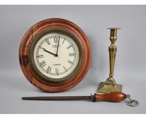 A 19th Century Brass Candlestick, A Vintage Sharpening Steel and a Smiths Wall Clock with Battery Movement 
