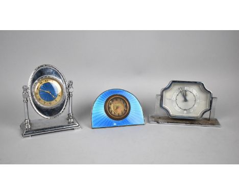 Three Art Deco Clocks to Comprise Demi Lune Blue Engine Turned Enamel Travel Clock with 8 Day Movement, 10cm Wide, a Further 