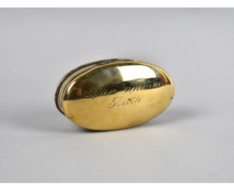 A 19th Century Brass Oval Snuff Box, Hinged Lid Inscribed John William, Bath, 7.5cms Long 