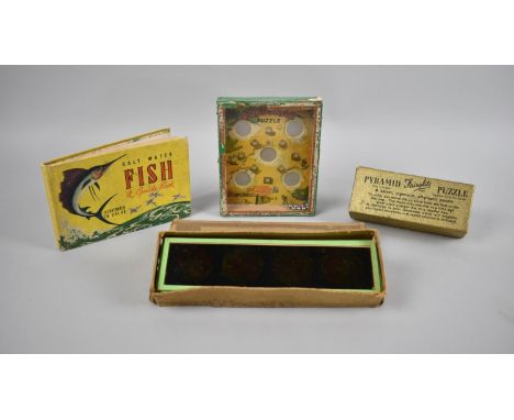 A Collection of Various Vintage Puzzles, Box of Children's Magic Lantern Strip Slides and an American Booklet on Saltwater Fi