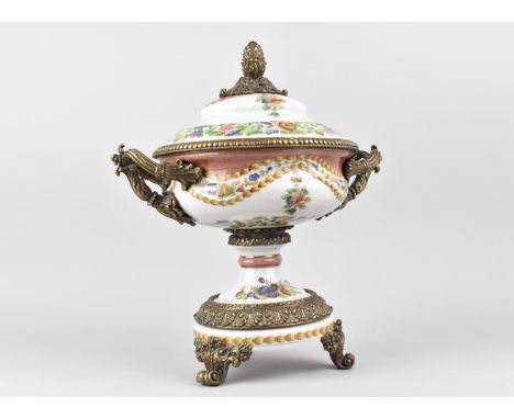 A Reproduction Ceramic Crackle Glazed Planter Decorated with Flowers Having Gilt Metal Mounted Rim, Scrolled Twin Handled and