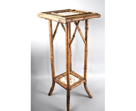 An Edwardian Bamboo Two Tier Plant Stand with Tiled Top and Stretcher Shelf, 30cns Square and 74cms High 