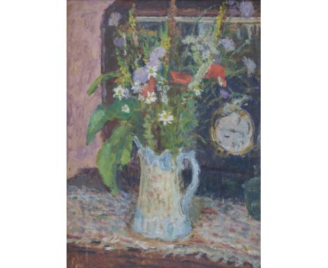 Edward Le Bas RA,&nbsp;British 1904-1966 -&nbsp;Wild flowers in a jug;&nbsp;oil on board, signed lower left 'E le Bas', 51 x 