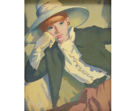 Robert Duckworth Greenham RBA ROI,  British 1906-1976 -   Portrait of a woman in a hat, 1966;   oil on board, signed and date