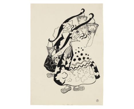 School of Natalia Goncharova,&nbsp;Russian 1881&ndash;1962 -&nbsp;Dutch milkmaids;&nbsp;ink and pencil on paper, with printed